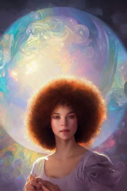 Image similar to bob ross, dreamy and ethereal,, fantasy, intricate, elegant, rainbow bubbles, highly detailed, digital painting, artstation, concept art, smooth, sharp focus, illustration, art by artgerm and greg rutkowski and alphonse mucha