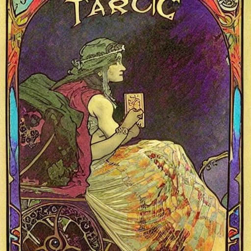 Prompt: poster of Gypsy lady doing tarot card reading inside a gypsy caravan surrounded by cats, art nouveau, 1878, Alphonse Mucha, decorative panels, old paper, soft colors