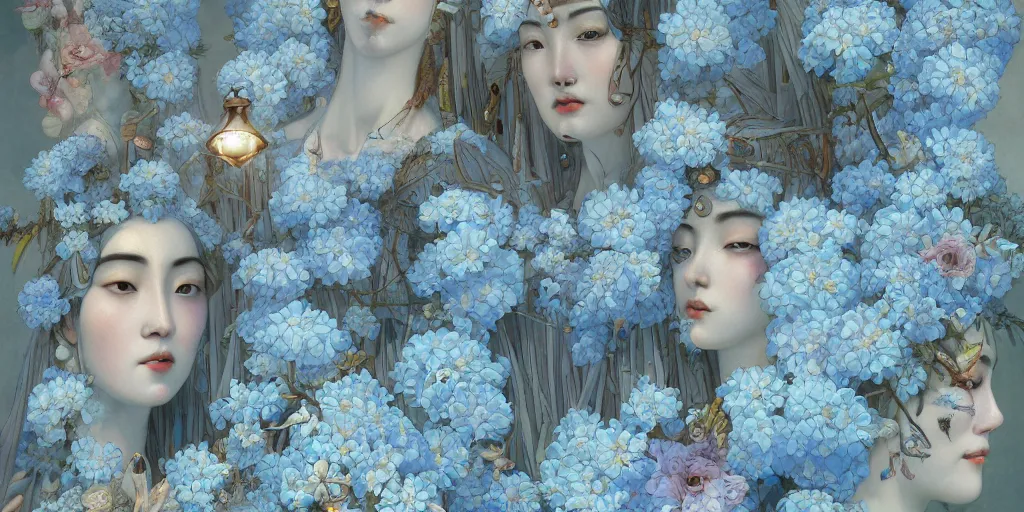 Image similar to breathtaking detailed concept art painting art deco pattern of faces goddesses amalmation light - blue flowers with anxious piercing eyes and blend of flowers and birds, by hsiao - ron cheng and john james audubon, bizarre compositions, exquisite detail, extremely moody lighting, 8 k