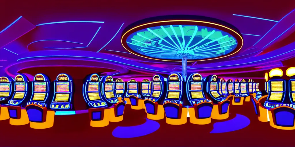 Image similar to minimalistic extreme wide angle curved perspective digital art of indoor casino with alien shaped slot machines, with roulettes in the roof, by anton fadeev from nightmare before christmas, 8 k, pixar movie