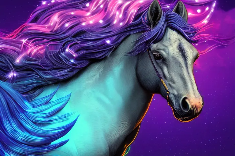 Prompt: a stunning horse with bioluminescent mane and tail running in the clouds by sandra chevrier and greg rutkowski, purple blue color scheme, vaporware, retro, outrun, high key lighting, volumetric light, digital art, highly detailed, fine detail, intricate, ornate, complex, octane render, unreal engine, photorealistic