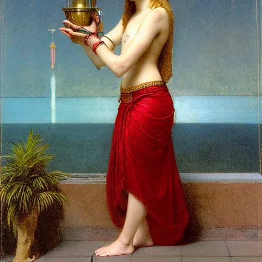 Prompt: Girl with a blood dripping chalice at the palace, thunderstorm, pool, beach and palm trees on the background major arcana sky, by paul delaroche, alphonse mucha and arnold böcklin arnold böcklin hyperrealistic 8k, very detailed