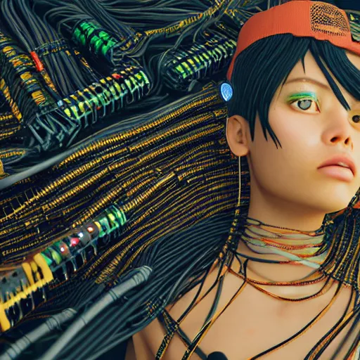 Image similar to piles of modular synth cables mixed with mangrove roots, kawaii puerto rican goddess staring through your soul wearing a headpiece made of circuit boards, by makoto shinkai, masamune, and stanley kubrick, unique perspective, eastman color, trending on artstation, cinematic, 3 d render, photorealistic