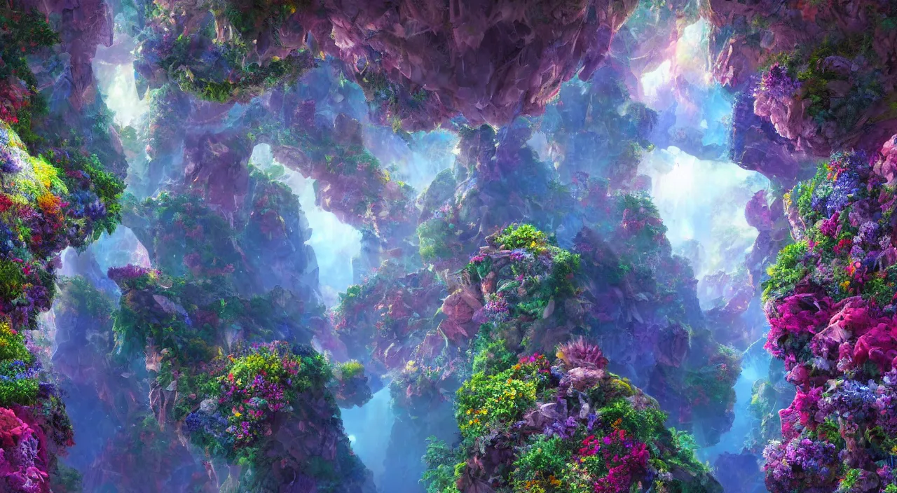 Prompt: biological crystallographic lattice bridging megastructure, in a canyon with flowers and lots of colors, by jack oliva - rendler, by glenn small, by albert bierstadt, photorealistic, zaha hadid, god rays, volumetric lighting, detailed, extremely intricate, raytrace, octane, light fog, neon