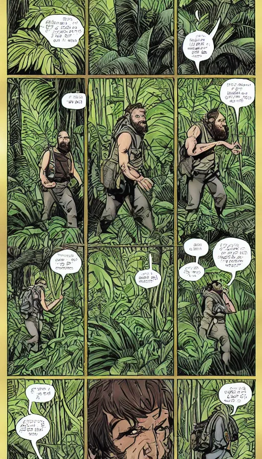 Image similar to multi - panel page from a highly detailed horror comic. a handsome rugged bearded man treks through a jungle wearing a backpack. rainforest. distant mountains. ink.