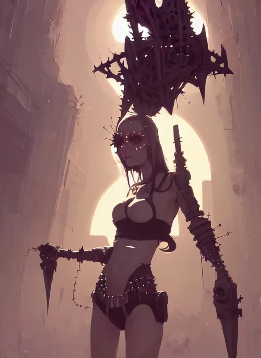 Image similar to portrait of cute goth maiden girl with crown of thorns in cyber bikini armor, warhammer, cyberpunk, by atey ghailan, by greg rutkowski, by greg tocchini, by james gilleard, by joe fenton, by kaethe butcher, dynamic lighting, gradient light blue, brown, blonde cream and white color in scheme, grunge aesthetic