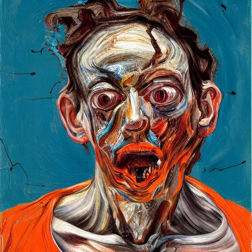 Image similar to high quality high detail expressionist painting of a man in agony by lucian freud and jenny saville and francis bacon, hd, anxiety, turquoise and orange