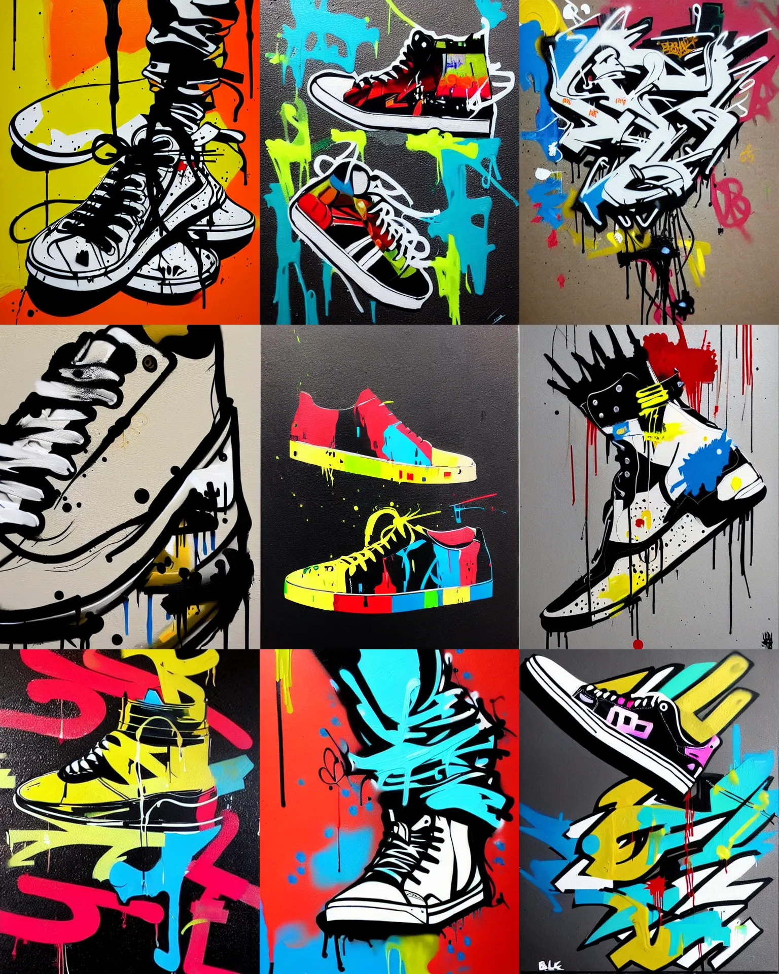 Prompt: sneakers, drip painting, graffiti, highly detailed, simple, no jagged lines, smooth, artstation, centered artwork by blek le rat