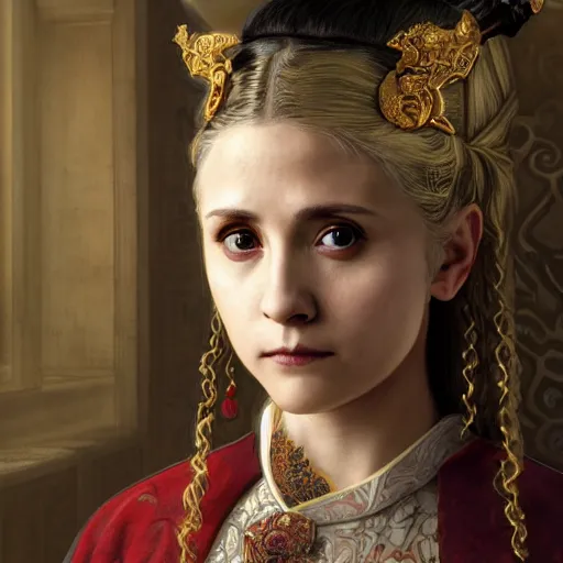 Image similar to a highly detailed portrait of buffy the vampire slayer as a medieval chinese prince, beautiful detail and color, art by john collier and albert aublet and krenz cushart and artem demura and alphonse mucha, volumetric lighting, octane render, 4 k resolution, matte, sharp focus, illustration, art by jacque - louis david, baroque style