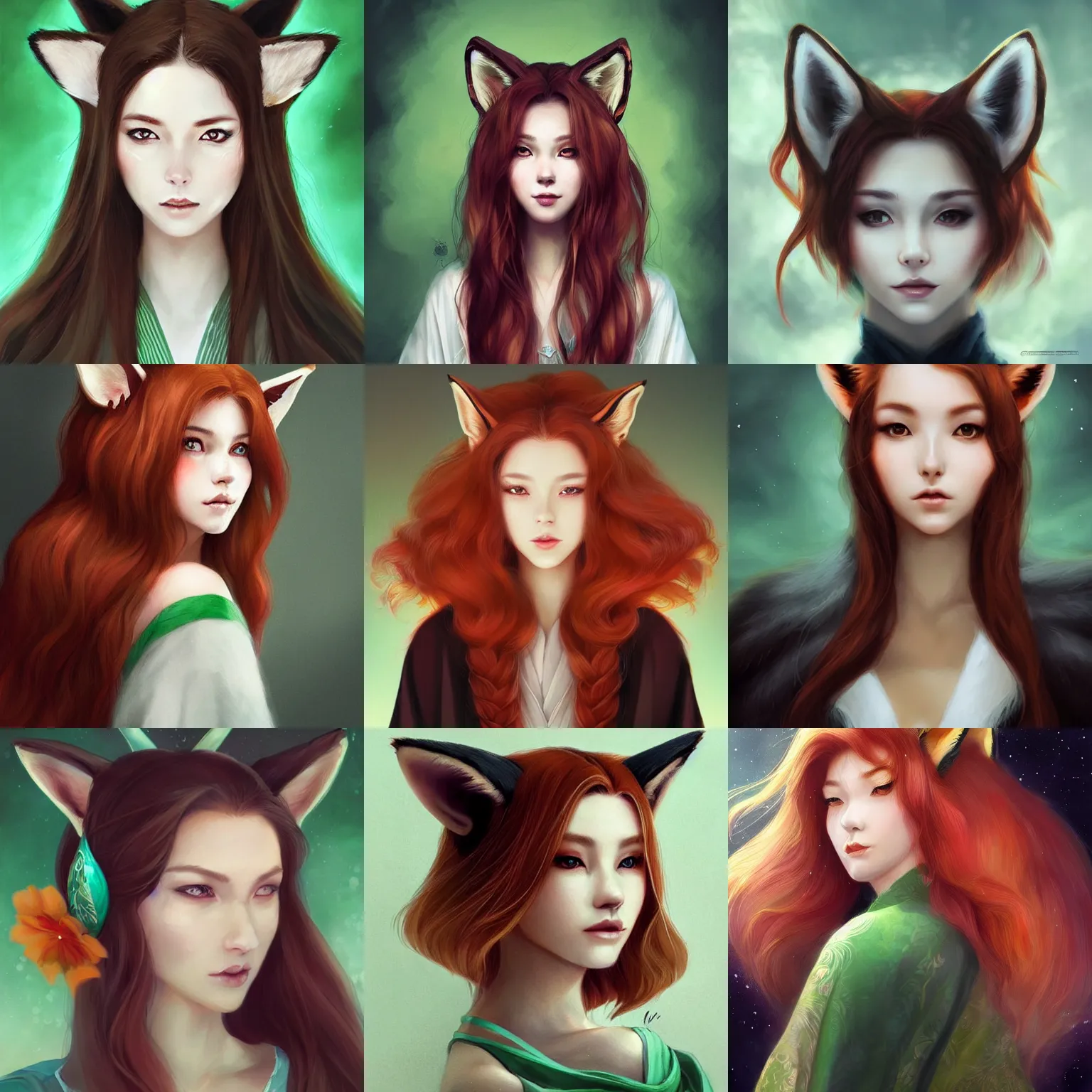 Prompt: portrait of a beautiful fox woman with fox ears, gorgeous ginger hair with white highlights, green jade eyes, wearing a kimono, clear dark complexion, symmetrical face, instagram aesthetic, cinematic, wlop, artgerm, jason chan, charlie bowater