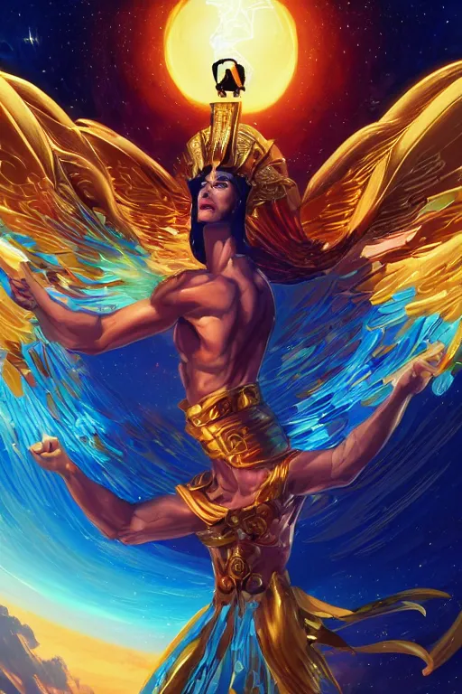 Image similar to highly detailed, dynamic pose, the handsome greek god hermes, wearing winged helmet, giving a glowing laptop computer to humanity, clouds of glowing binary code, digital painting bioluminance alena aenami artworks in 4 k design by lois van baarle by sung choi by john kirby artgerm style pascal blanche and magali villeneuve