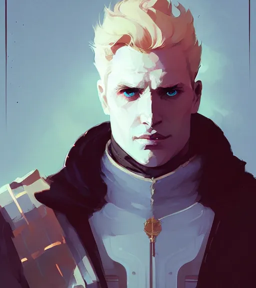 Image similar to portrait of cullen from dragon age with golden eyes by atey ghailan, by greg rutkowski, by greg tocchini, by james gilleard, by joe fenton, by kaethe butcher, dynamic lighting, gradient light blue, brown, blonde cream and white color scheme, grunge aesthetic