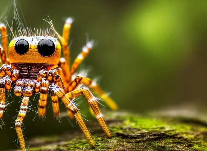 Image similar to super macro of a crystal spider with big eyes sitting on a flower, in the forest. Fantasy magic style. Highly detailed 8k. Intricate. Nikon d850 300mm. Award winning photography.