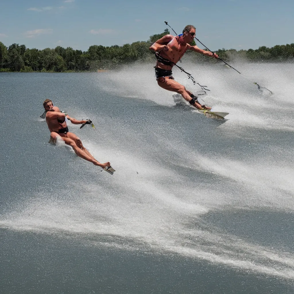 Prompt: a man barefoot water skiing behind a boat