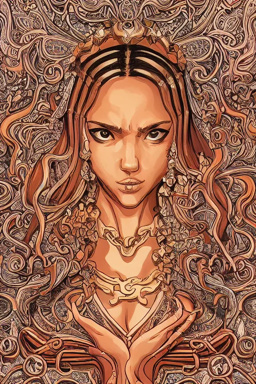 Image similar to skin made of ornate portrait of a wrathful diety teen Jessica Alba, ornate skin, ancient relief carving background, incredible, anime, Digital 2D, animated by Kyoto Animation, Studio Ghibli, Miyazaki, AKIRA art style, by Laurie Greasley, beautiful, gorgeous, dramatic lighting, rule of thirds, perfect composition, trending on ArtStation, 4k, cropped