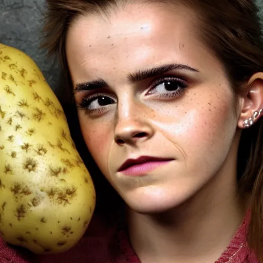 Prompt: confused emma watson looking angrily at a potato