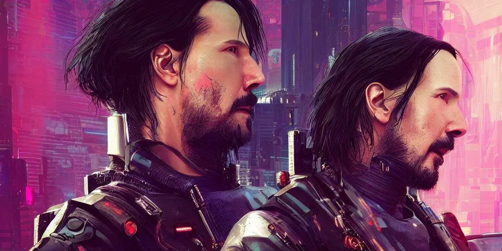 Image similar to a cyberpunk 2077 srcreenshot portrait of Keanu Reeves and V final kiss,love,film lighting,by Lawrence Alma-Tadema,Andrei Riabovitchev,Laurie Greasley,Dan Mumford,John Wick,Speed,Replicas,artstation,deviantart,FAN ART,full of color,Digital painting,face enhance,highly detailed,8K,octane,golden ratio,cinematic lighting