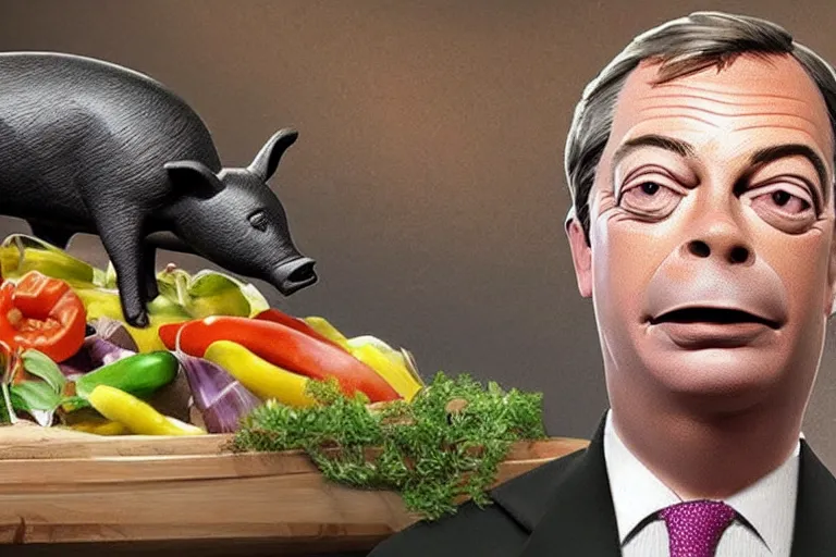 Image similar to nigel farage as a pig laying on top of vegetables on a table, a bronze sculpture by jeff a. menges, trending on pinterest, hyperrealism, hyper - realistic, hyper realism, playstation 5 screenshot