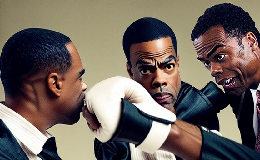 Prompt: movie still of prince of bell air punching chris rock in the face