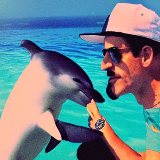 Prompt: hunter biden smoking with an italian dolphin in a luxury vaporwave resort, polaroid photograph, washed out colors, nostalgia,