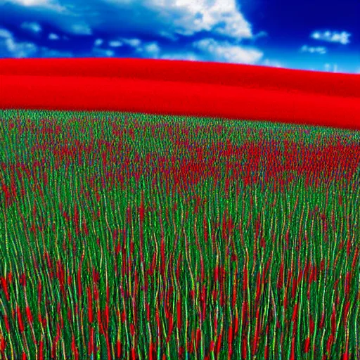 Prompt: Realistic fields of red corn, high grass and red cord, cord particles, trees, blue trees, depressing blue trees, retro-style blue trees, blue and red particules, landscape, realistic.