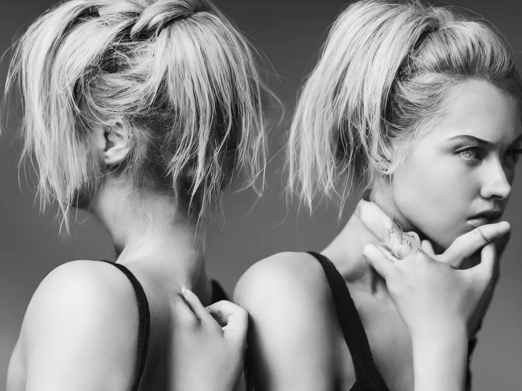 Prompt: photorealistic head and shoulders photo of one!!! beautiful blonde girl with messy bun facing away from the camera, 3 5 mm, confident, tattoos, octane render, bokeh, 4 k, fashion pose, cinematic, national geographic photo shoot,