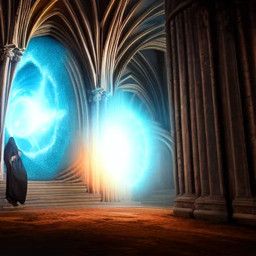 Prompt: wizard standing in front of a wormhole opening up inside a cathedral. fantasy. octane render.