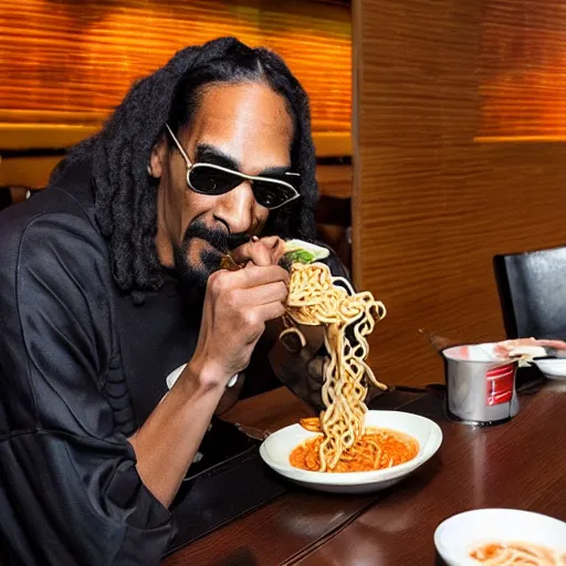 Prompt: Snoop Dog eating ramen in a restaurant