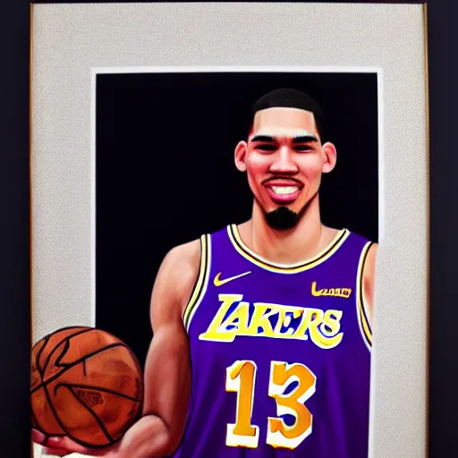 Image similar to jayson tatum in los angeles lakers jersey, holding the larry o'brien trophy, portrait by william sidney mount, oil on canvas, trending on artstation, hyper realistic