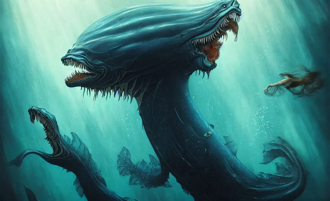 Prompt: epic professional digital art of hungry aquatic leviathan underwater, faint blue moody atmospheric lighting, underwater life, painted, intricate, detailed, detailed, foreboding, by leesha hannigan, wayne haag, reyna rochin, ignacio fernandez rios, mark ryden, iris van herpen,, epic, stunning, gorgeous, much wow, cinematic, masterpiece.