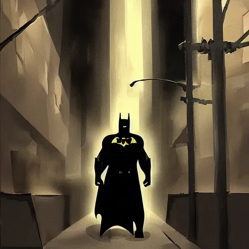 Prompt: Batman standing in a dark alley, trending on artstation, digital art