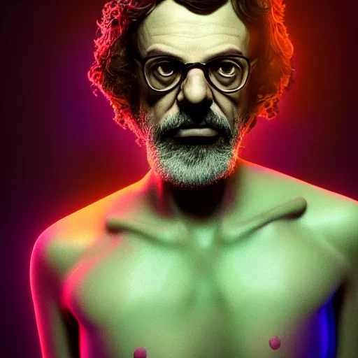 Image similar to terence McKenna posing seductively with psychedelic mushrooms, psychedelic, fractal, Claymorphism, cinematic lighting, dramatic, octane render, full body, trending on artstation, perfect facial symmetry, bokeh, 8k, intricate, hyper detailed