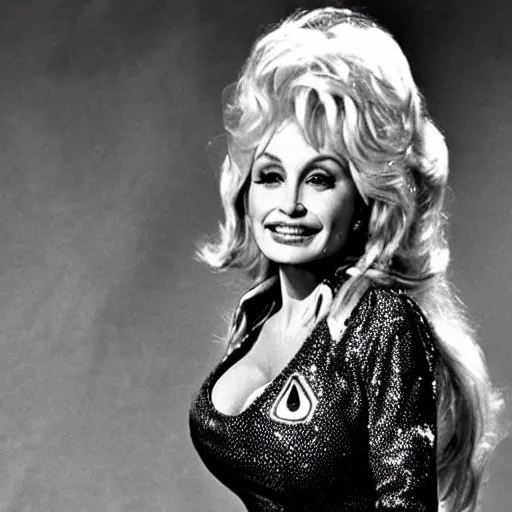 Prompt: dolly parton on the set of star trek, 1 9 7 0 s vogue magazine cover