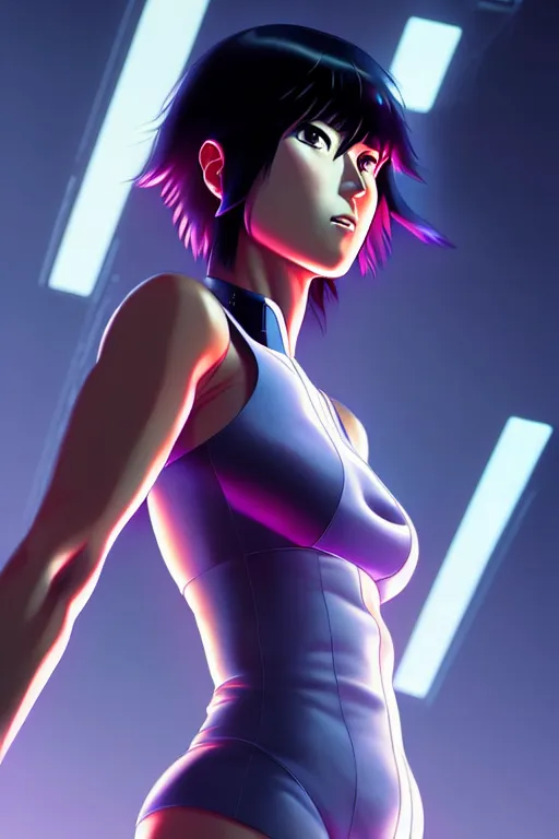 Image similar to a fullbody portrait of motoko kusanagi the major ghost in the shell : : stand alone complex, under repairs, maintenance : : by ilya kuvshinov, rossdraws, artgerm, sola digital arts, anti aliasing, raytracing : :