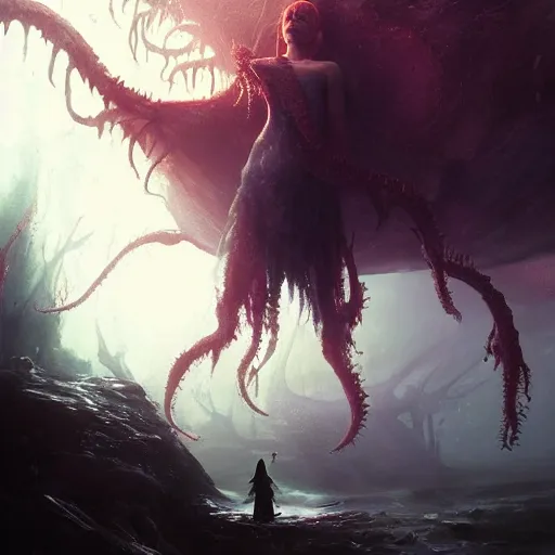 Prompt: young novice witch summoning a monstrous horror from the abyss 4 k high definition artstation trending path traced contrast light and dark colorful bokeh massive scale cinematic breathtaking lovecraftian horror fantasy nightmare, art by greg rutkowski