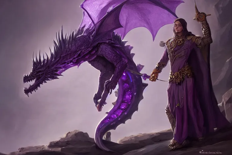 Image similar to a cleric gem with features of purple crystal dragon looking to the side, wearing cleric cloak, arms raised, a concept art in style of Greg Rutkowski, John Singer Sargant, painted by Frank Frazetta, trending on artstation