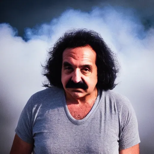 Image similar to Ron Jeremy on top of a roof exhaling smoke, moody, atmospheric