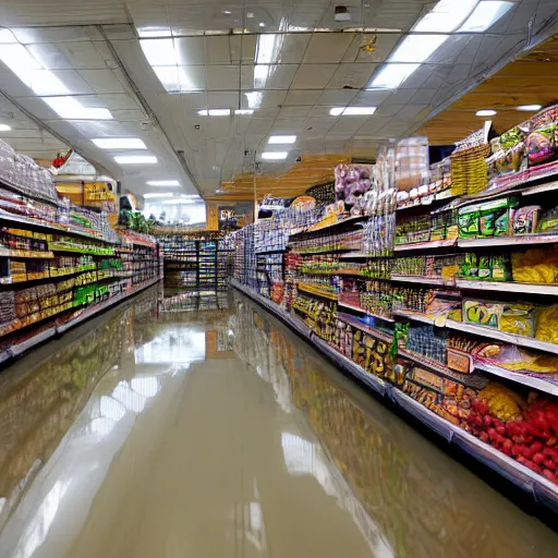 Prompt: photo of a grocery store interior, the floor is flooded with one meter deep water. eerie, volumetric lighting. highly - detailed 4 k