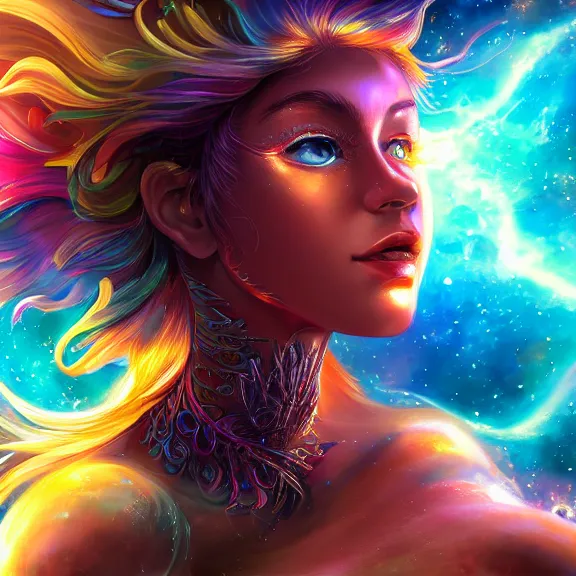 Image similar to highly detailed close up portrait of a celestial girl with a body made of cosmic energy, character art, studio lightning, bright colors, intricate, masterpiece, photorealistic, hiperrealistic, sharp focus, high contrast, Artstation HQ, DeviantArt trending, 4k UHD, Unreal Engine 5