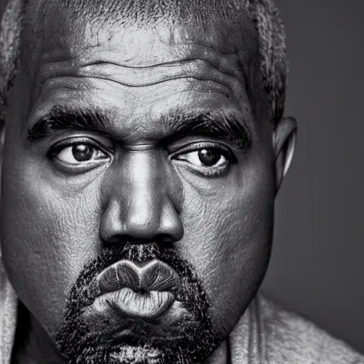 Image similar to the face of older kanye west wearing yeezy clothing at 5 0 years old, portrait by julia cameron, chiaroscuro lighting, shallow depth of field, 8 0 mm, f 1. 8