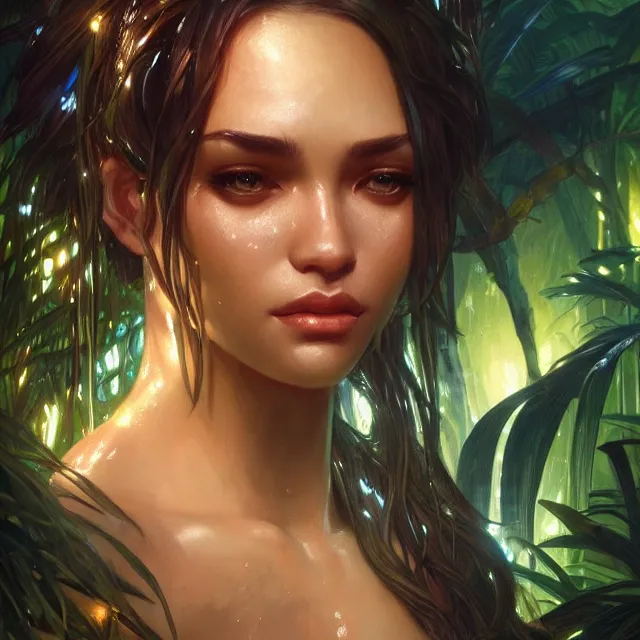 Prompt: close up portrait of beautiful! female, fantasy jungle setting at night!, shiny wet skin!!, palm trees and waterfall in the background, raytracing, art by artgerm, greg rutkowski and alphonse mucha, artstation, octane render,