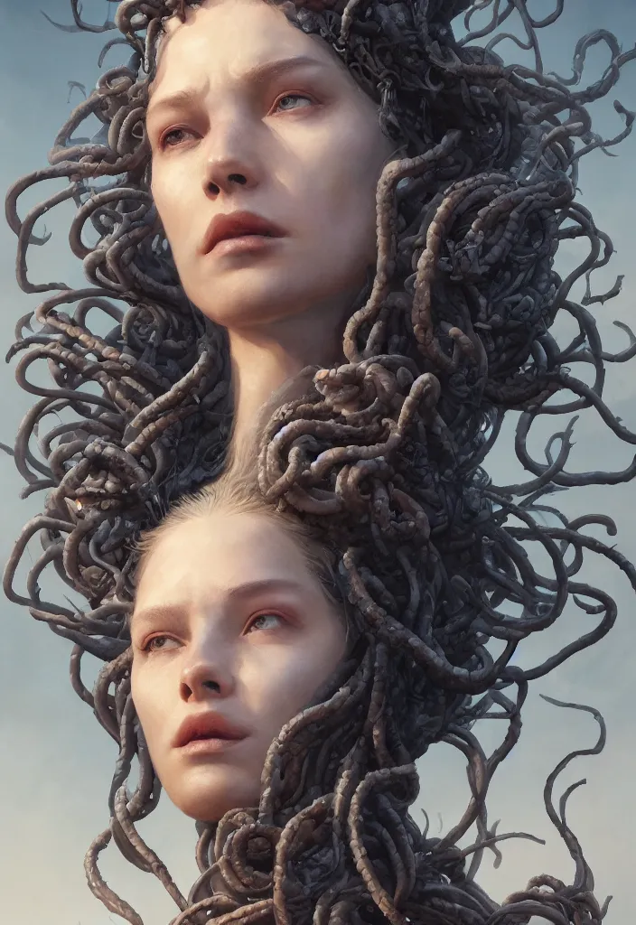 Image similar to A beuatiful close-up portrait of medusa by Greg Rutkowski, Sung Choi, Mitchell Mohrhauser, Maciej Kuciara, Johnson Ting, Maxim Verehin, Peter Konig, Bloodborne , 8k photorealistic, cinematic lighting, HD, high details, dramatic, atmospheric , trending on artstation