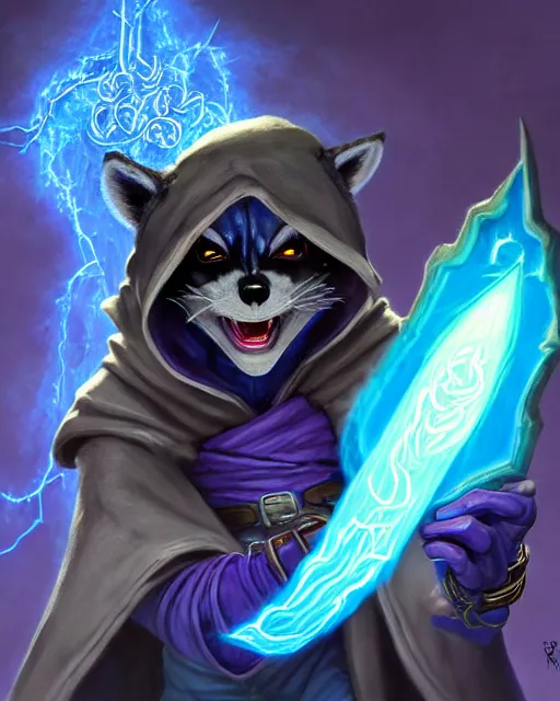 Prompt: closeup, highly detailed digital illustration portrait of hooded sorcerer druid necromancer sly cooper rocket the raccoon casting a magical energy sparkling swirling blue glowing spell in an ancient castle, action pose, d & d, magic the gathering, by rhads, frank frazetta, lois van baarle, jean - baptiste monge, disney, pixar,