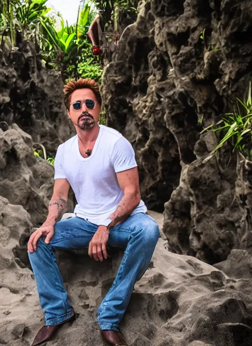 Prompt: a full portrait photo of robert downey jr holiday in iconic spot in bali, f / 2 2, 3 5 mm, 2 7 0 0 k, lighting, perfect faces, award winning photography.