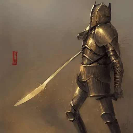 Image similar to a knight with a big spoon and a big fork in hands by greg rutkowski