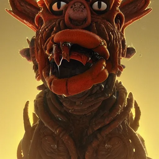 Image similar to a grotesque muppet from doom eternal corrupted by demonic power, intricate artwork by Tooth Wu and wlop and beeple. octane render, trending on artstation, greg rutkowski very coherent symmetrical artwork. cinematic, hyper realism, high detail, octane render