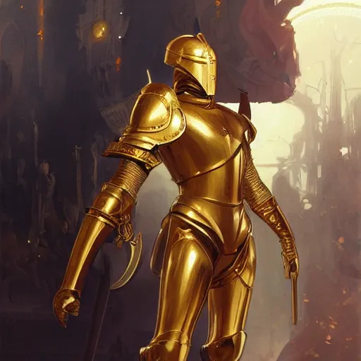 Image similar to a knight wearing a golden armor, full-body shot, digital painting, smooth, elegant, hd, art by WLOP and Artgerm and Greg Rutkowski and Alphonse Mucha