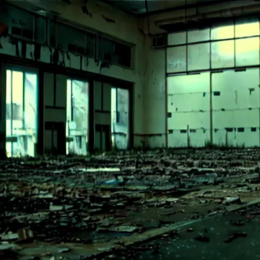 Prompt: abandoned replicant factory, still from closed circuit tv footage