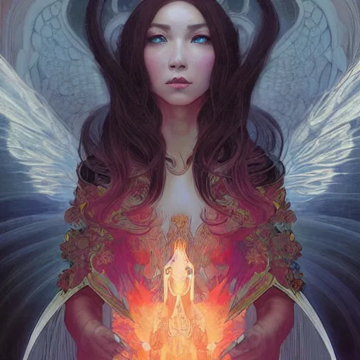 Prompt: A portrait of A beautiful!!!! angel in black flames by Ross Tran!! and alphonse mucha and greg rutkowski and Zdzisław Beksiński!!,In style of digital art illustration.Symmetry.Beautiful features.Fantasy,smooth,hyper detailed,sharp focus,Soft light.trending on artstation.4k