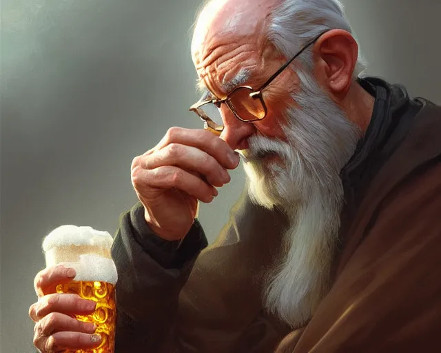 Image similar to detailed vision of an old man frowning as he drinks a beer, deep focus, d & d, fantasy, intricate, elegant, highly detailed, digital painting, artstation, concept art, matte, sharp focus, illustration, hearthstone, art by artgerm and greg rutkowski and alphonse mucha